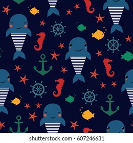 Whale, fish, anchor, seahorse seamless pattern. Cute nautical dark blue background. Marine life illustration. Design for fabric, textile, decor.