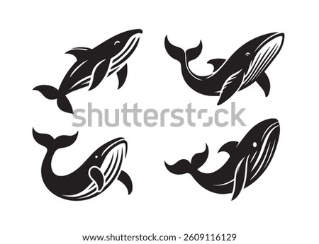 Whale fish black solid silhouette vector logo icon design on white background, bundle set