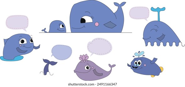 Whale Fish Cartoon with speech bubble,Hand Drawn cartoon Set Cute Whale Family.