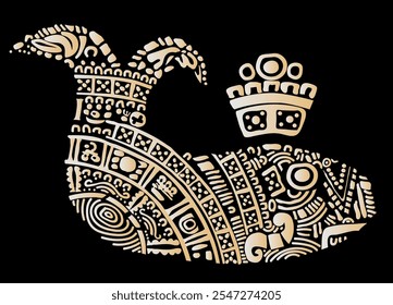 Whale fish drawn in the style of ancient Mayan signs and patterns.Images of characters of ancient American Indians.The Aztecs, Mayans, Incas.
