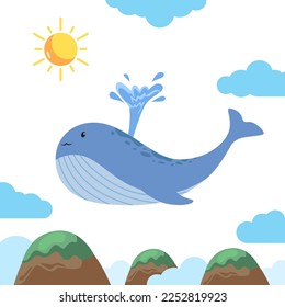 whale fish fly swim at sky for imagination mammal animal whimsical illustration for kid children 