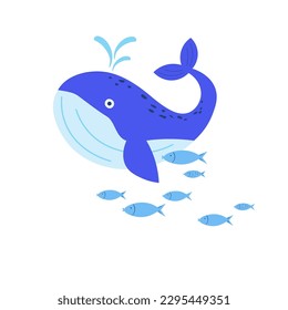 Whale and fish. Illustration of sea animals underwater. World Mammal Day protection of whales , day of  oceans, protection and rescue of sea creatures.. Hand drawn .Cartoon flat illustration. Vector