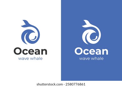 Whale fish logo with wave graphic symbol concept design for Ocean Big fish, deep sea logo template