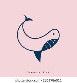 Whale with fish minimal logo design
