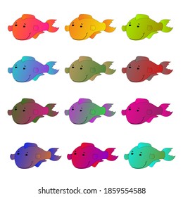 Whale, fish in nine different gradient colors illustration. On an isolated white background.