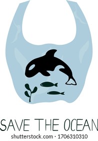 Whale, fish, save ocean, recycling, ecology . Concept for logo, eco poster 