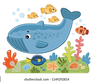 whale and fish in the sea children's illustration