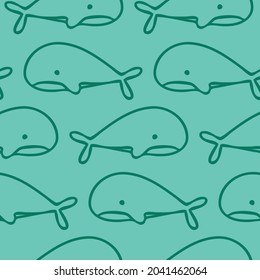 Whale fish seamless pattern against blue green background. Design for fabric, textile, wrapping paper, wallpaper, background with whale silhouette