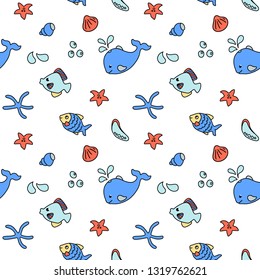 Whale and fish seamless pattern on white background. Children vector seamless pattern on white background. Marine vacation seamless pattern tile. Tropical island holiday cruise. Summer doodle pattern