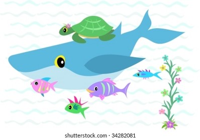 Whale, Fish, and Turtle Group Vector