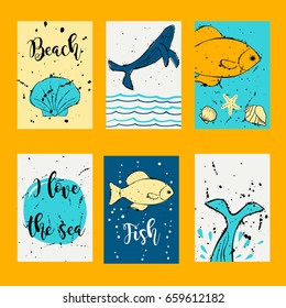Whale and fish. Vector design templates for journal cards, scrapbooking cards, greeting cards, gift cards, patterns, blogging. 