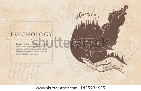 Whale flies by over forest . Psychology renaissance background. Medieval manuscript, engraving art. Symbol of a dream, freedom, travel, imagination, meditation 
