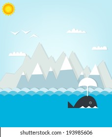 Baleia flutuando no fundo das montanhas. Imagem vetorial