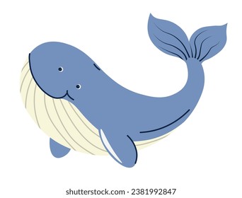 Whale floating in water, isolated smiling underwater animals dweller, saltwater beast. Marine mammal with tail fin and blowhole. Cute personage living in sea or ocean waves. Vector in flat style