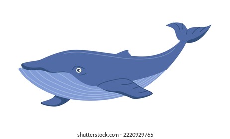 Whale floating in water, isolated underwater animals dweller or water in sea or ocean. Marine mammal with tail fin and blowhole. Vector in flat cartoon style