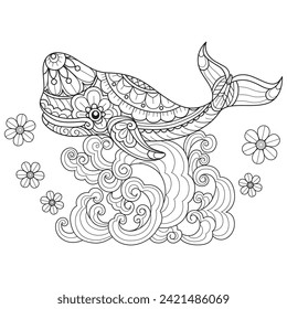 Whale and flower wave hand drawn for adult coloring book