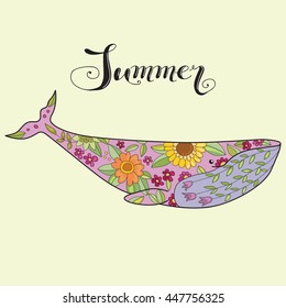 Whale in flowers. Summer title. Colorful illustration for design