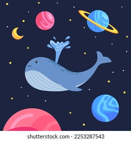 whale fly at space swim observe planet cosmic astronomy imagination dream whimsical children illustration