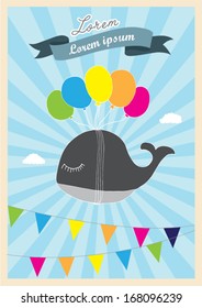 whale flying with balloon poster template vector/illustration / background/ greeting card