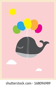 whale flying with balloon poster template vector/illustration / background/ greeting card