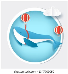 The whale is flying in a balloon in the sky, clouds in paper cut art  style vector illustration.