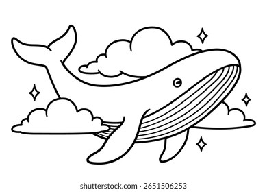 Whale flying in the sky among clouds. Surreal fantasy drawing, black and white line art. Hand drawn vector illustration.