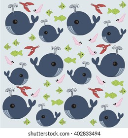 Whale with a fountain. Vector. Seth: whale, fish, crustaceans, plankton