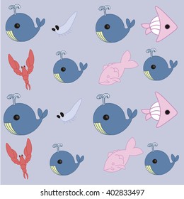 Whale with a fountain. Vector. Seth: whale, fish, crustaceans, plankton