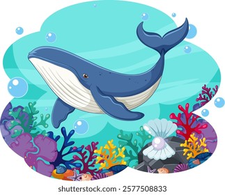 A whale glides through colorful underwater scenery