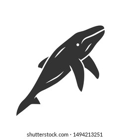 Whale glyph icon. Marine mammal. Underwater world inhabitant. Ocean predator. Aquatic animal, wildlife nature. Zoology and oceanography. Silhouette symbol. Negative space. Vector isolated illustration