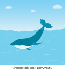 whale goes under the water vector illustration.