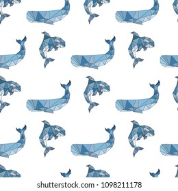 Whale, grampus, orca in origami low-polygonal style seamless pattern