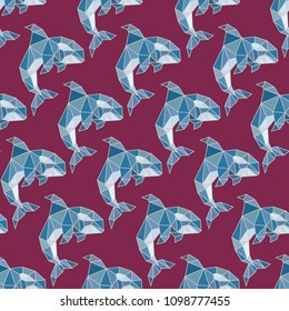 Whale, grampus, orca in origami low-polygonal style seamless pattern