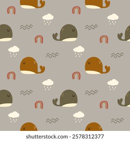 Whale green and brown cartoon so cute. On wave rainbow cloud rain background. Pattern seamless vector illustration. 
