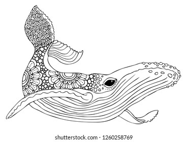 Whale. Hand drawn picture. Sketch for anti-stress adult coloring book in zen-tangle style. Vector illustration  for coloring page, isolated on white background.