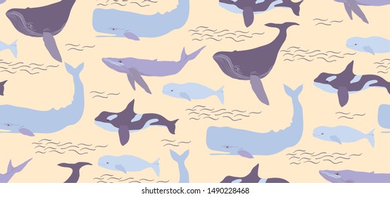 Whale hand drawn seamless pattern in flat style. Cartoon whale collection for textile, wallpaper, wrapping.