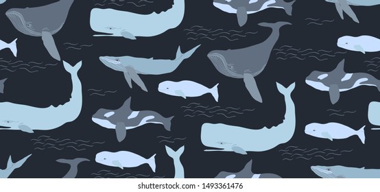 Whale hand drawn seamless pattern in flat style. Cartoon whale collection for textile, wallpaper, wrapping.