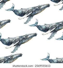 Whale hand drawn style  illustration vector seamless pattern. Oceanic animal wildlife sketch. Whale seamless pattern for textile print. Oceam marine species. 