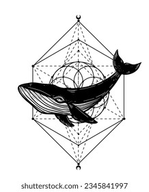 Whale hand drawn Vector illustration. Spiritual, Sacred geometry, humpback whale. Sketch Ink, Underwater world, Marine life