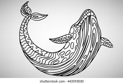 Whale. Hand-drawn with ethnic pattern. Coloring page - isolated on a white background. Zendoodle patterns. Vector illustration.