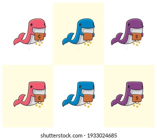 Whale Holding the bag to drop money illustration logo design