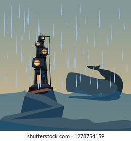 whale and house in ocean vector illustration 