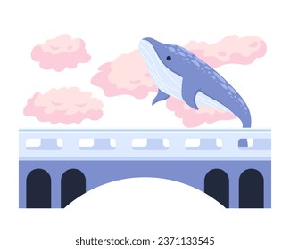 Whale humpback flying above bridge 2D illustration concept. Fairytale animal in clouds sky isolated cartoon scene, white background. Fantastic world surreal metaphor abstract flat vector graphic