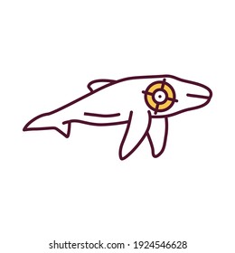 Whale hunting RGB color icon. Aim at marine creature. Ocean wildlife preservation. Hunting for large fish. Animal cruelty and violence. Species extinction risk. Isolated vector illustration