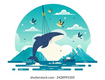 Whale Hunting Vector Illustration with the Activity of Catch Whales to Obtain Products that Humans can use by Illegally in Flat Cartoon Background