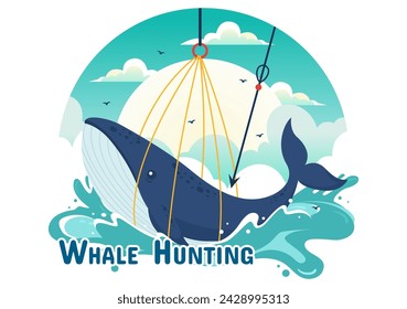 Ilustración vectorial de caza de ballenas con la actividad de captura de ballenas para obtener productos que los seres humanos pueden utilizar de forma ilegal en el fondo plano de dibujos animados
