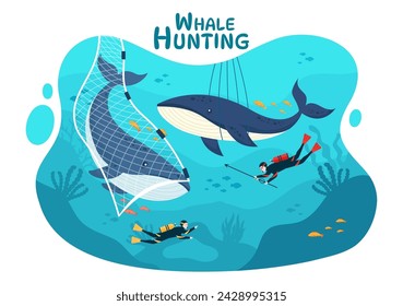 Whale Hunting Vector Illustration with the Activity of Catch Whales to Obtain Products that Humans can use by Illegally in Flat Cartoon Background