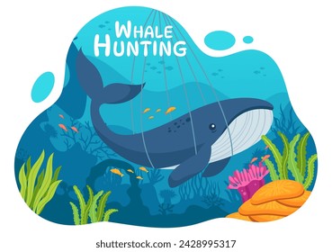 Ilustración vectorial de caza de ballenas con la actividad de captura de ballenas para obtener productos que los seres humanos pueden utilizar de forma ilegal en el fondo plano de dibujos animados