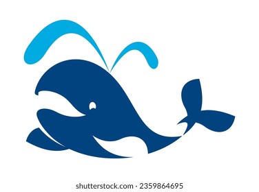 Icono de ballena, parque acuático o emblema de deporte acuático, símbolo vectorial del mar o animal oceánico. Piscina, yate o submarinismo con botella y club de surf signo de ballena azul con salpicadura de agua