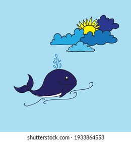 icono de ballena dibujado a mano sobre fondo azul. animal salvaje.